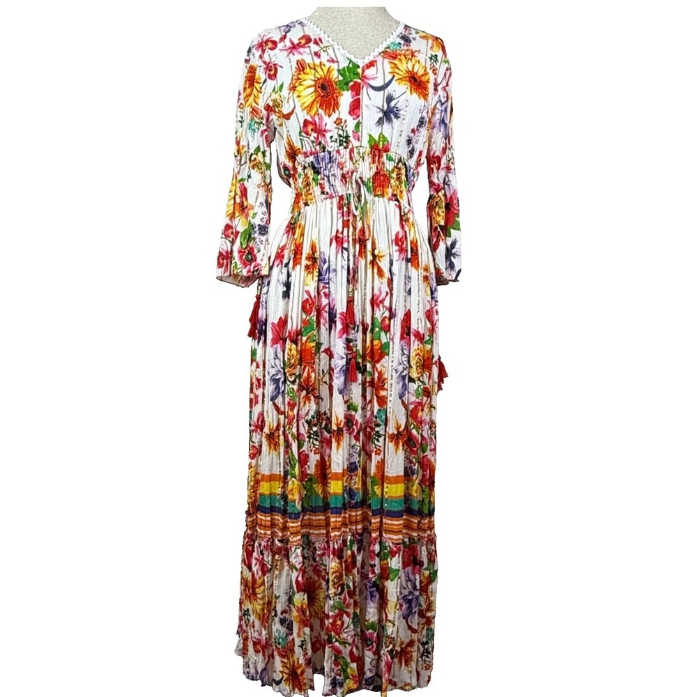 ME 2 Magic Floral Maxi Dress Women M White Boho Gold Lurex Bell Sleeve Beach NEW